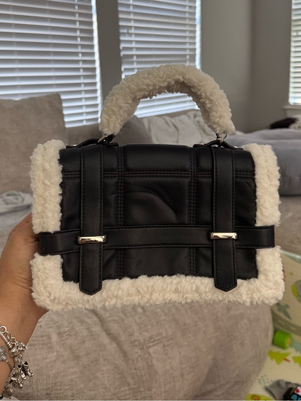 Black Faux Shearling Top-Handle Bag
